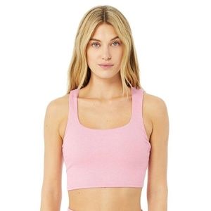 Alo Yoga Alosoft Ribbed Longline Sports Bra Tank Top in Colour Parisian Pink